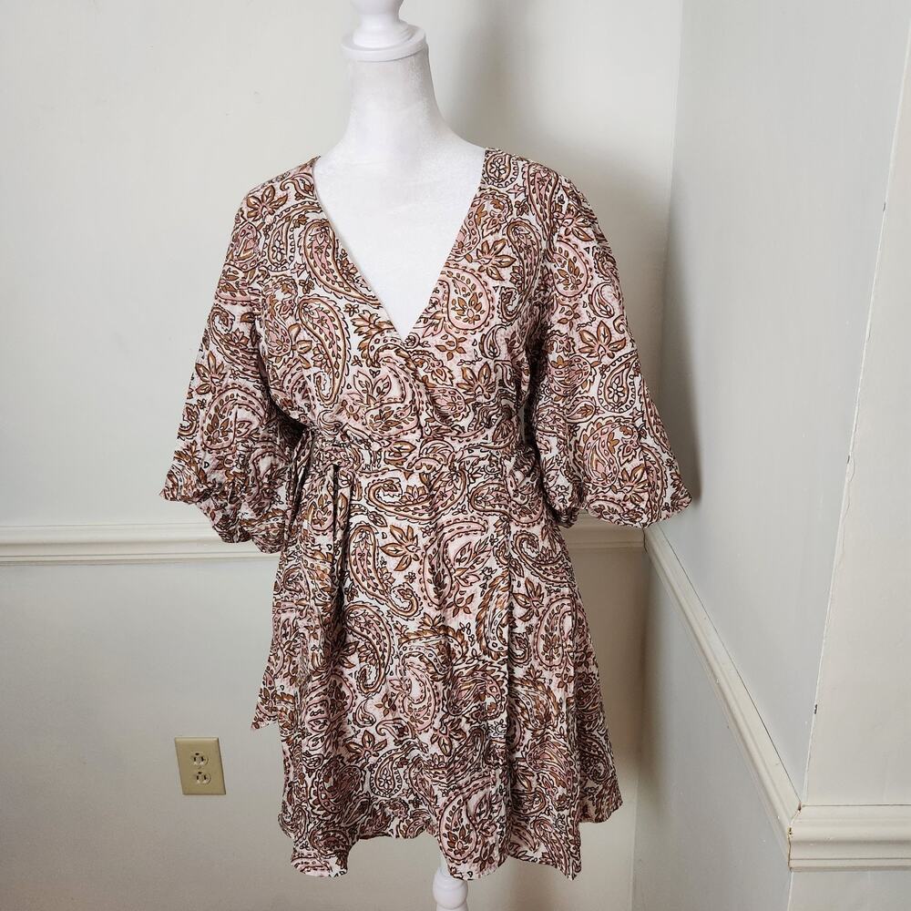 New Mink Pink Jedda Wrap Dress Size Large Womens Boho Peasant Puff Sleeve Mini